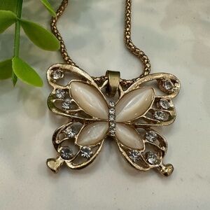 🎄 Butterfly costume jewelry gold with faux diamonds rose opal  long chain